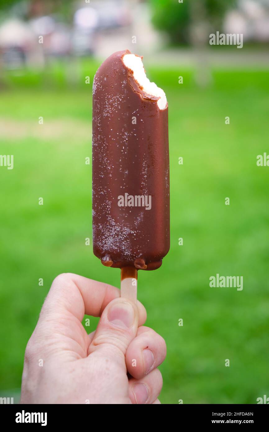 Un delizioso gelato al cioccolato nel parco. La mano tiene il icecream sul bastone di legno. Foto Stock