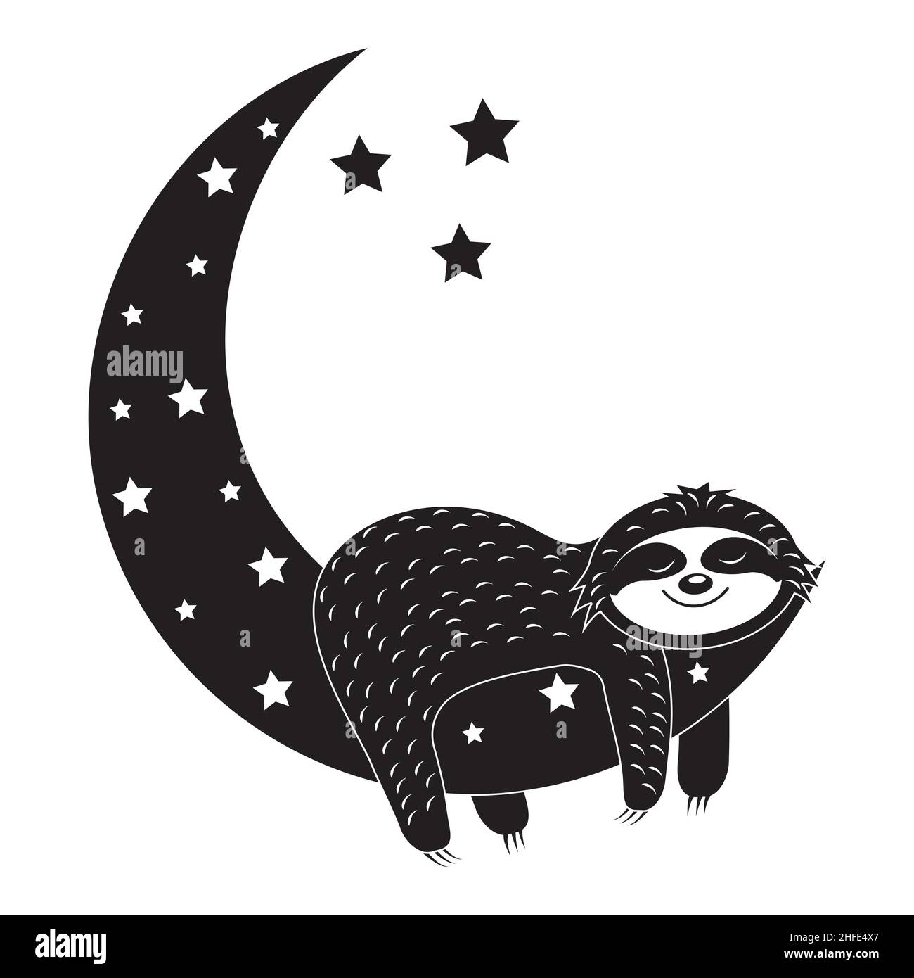 Carino personaggio pigro che dorme sulla Luna, immagine isolata stencil nero Illustrazione Vettoriale