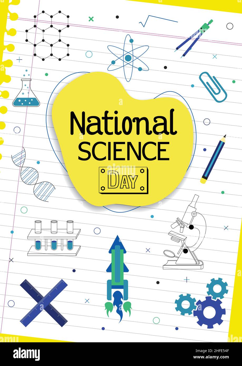 Poster di festa nazionale della scienza con illustrazioni scientifiche carine di molecole, razzo, microscopio Illustrazione Vettoriale
