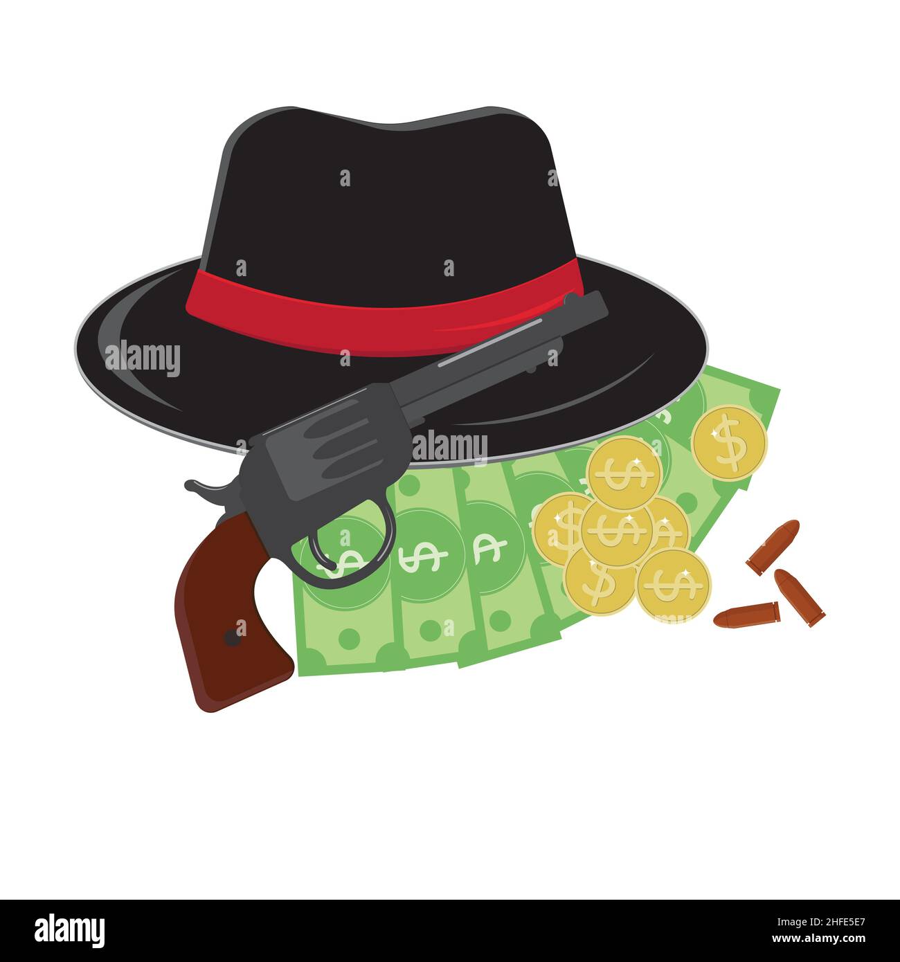 Composizione cappello nero, revolver e denaro, disegno vettoriale isolato a  colori su sfondo bianco Immagine e Vettoriale - Alamy