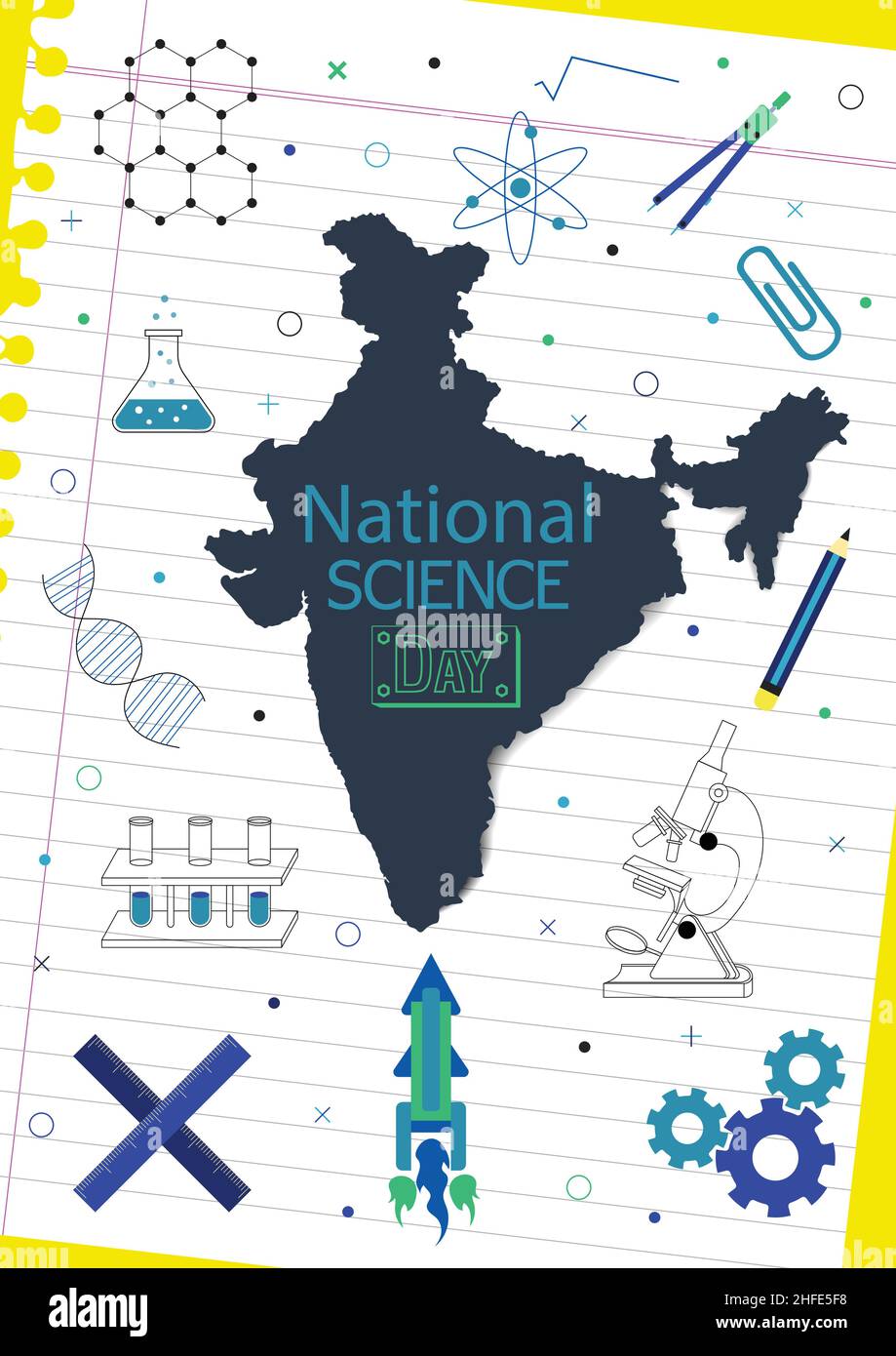 Festa nazionale della Scienza in India Poster Flyer con illustrazioni scientifiche carine di molecole, razzo, microscopio Illustrazione Vettoriale