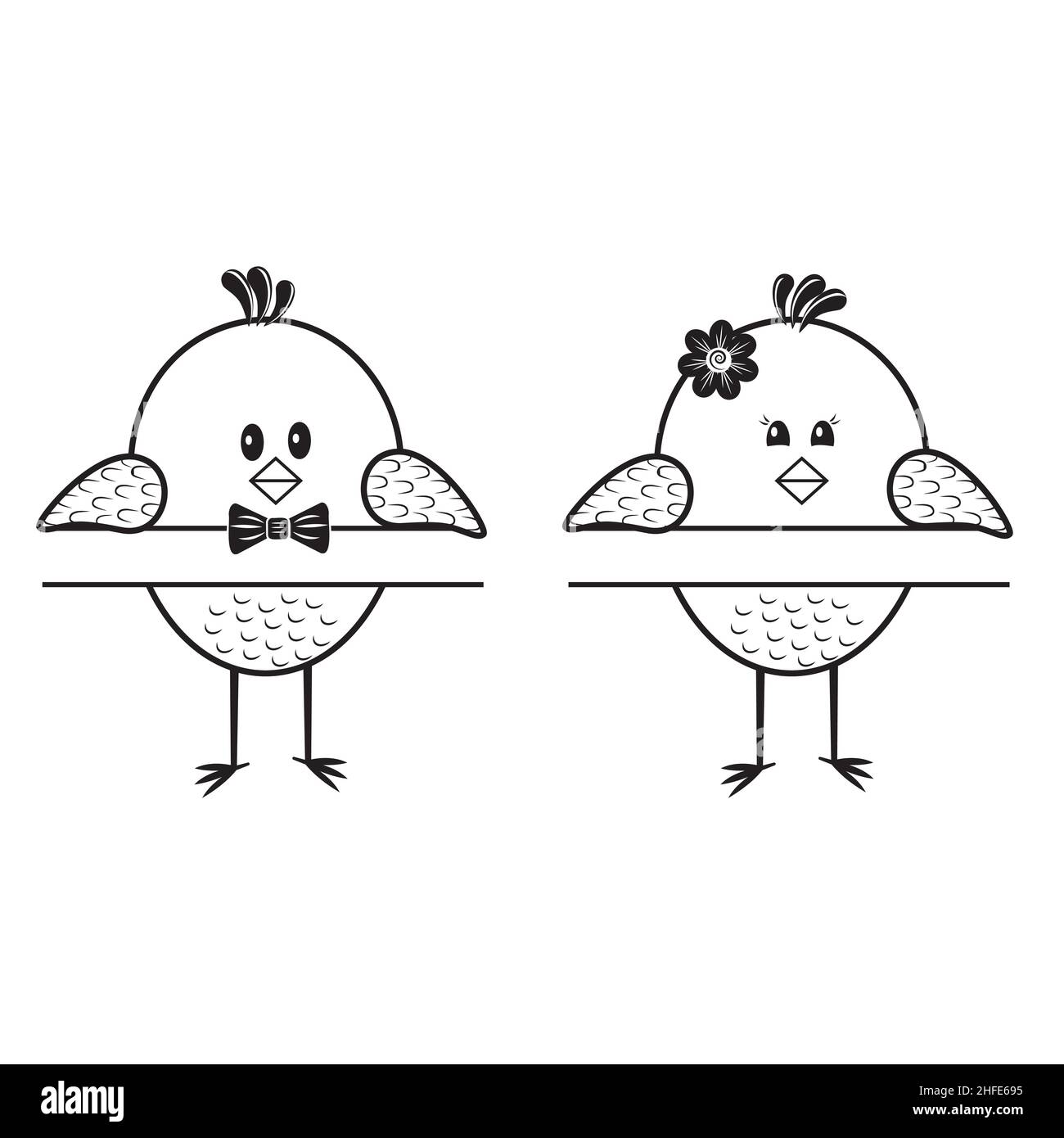 Contorno nero di pollo con spazio per testo, illustrazione vettoriale isolata, colorazione, disegno, decorazione, stampa Illustrazione Vettoriale