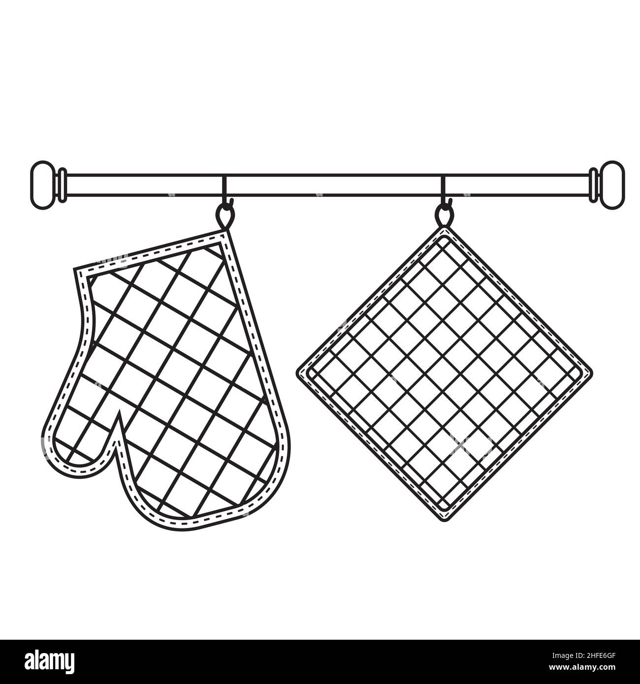 Guanto da forno e guanto da forno appesi sul rack su ganci, contorno nero isolato illustrazione vettoriale in stile piatto. Illustrazione Vettoriale