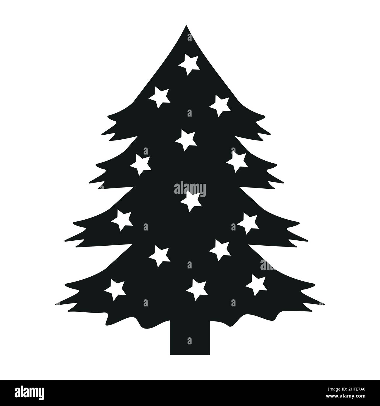 Albero di Natale con un motivo di stelle, nero isolato silhouette icona vettoriale. Illustrazione Vettoriale