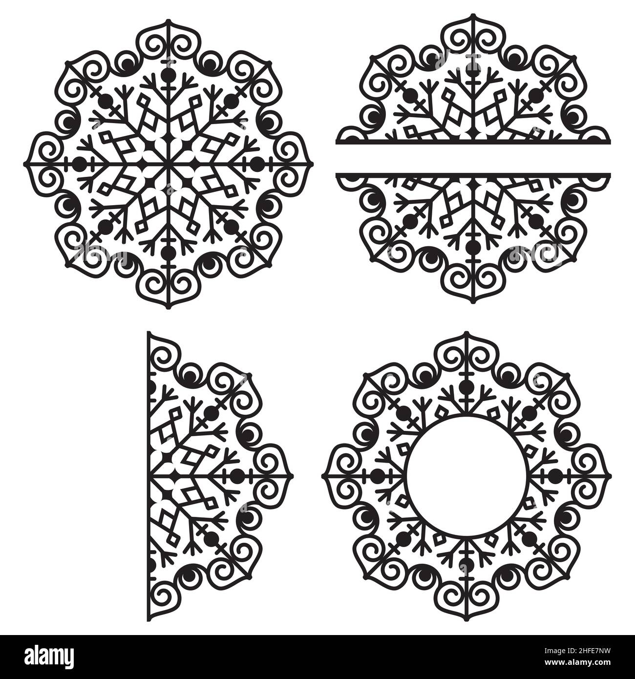 stencil di mandala con fiocco di neve openwork per decoro da cartolina, illustrazione vettoriale. Illustrazione Vettoriale