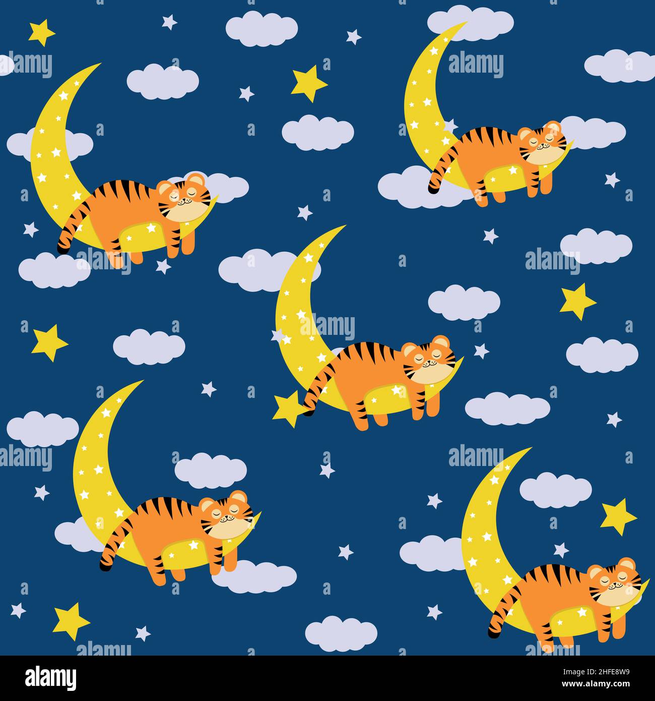 Tiger cub che dorme sulla luna, motivo, illustrazione vettoriale a colori. Illustrazione Vettoriale