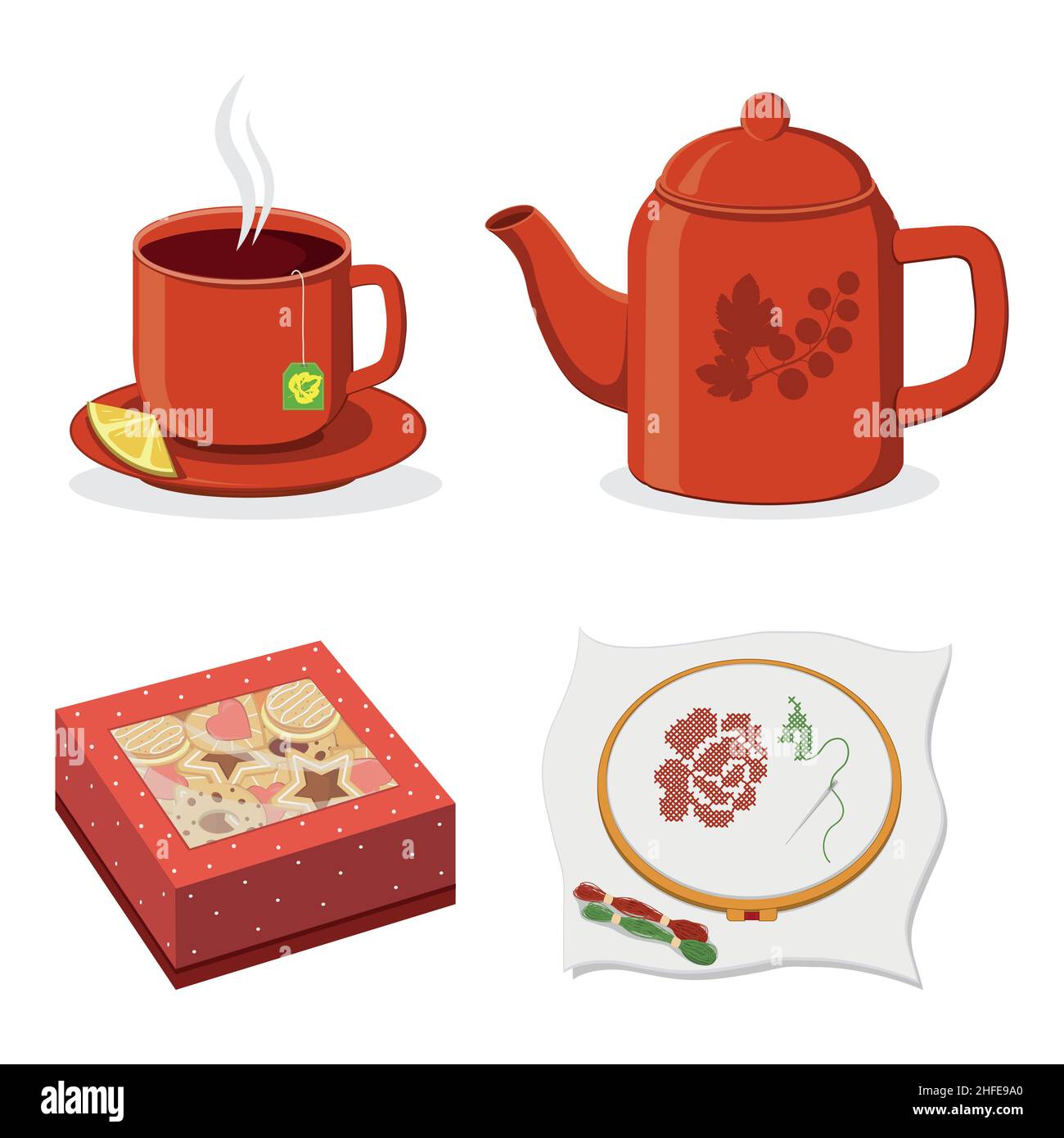 Tazza per la cerimonia del tè, teiera e scatola biscotti, illustrazione isolata del vettore colore. Illustrazione Vettoriale