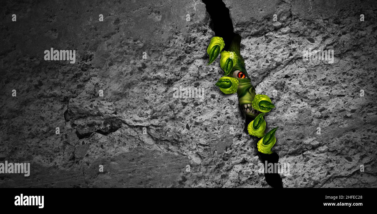 Mostro che si rompe e Halloween paura sfondo o creepy verde horror bestia e zombie che emerge da una parete di cemento crack come molto spaventoso. Foto Stock