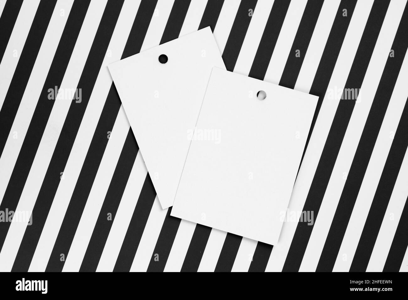 Due etichette bianche in cartone per abiti con piccoli fori nella parte superiore di ciascuna, poste al centro su sfondo bianco e nero. Tag mock up Foto Stock