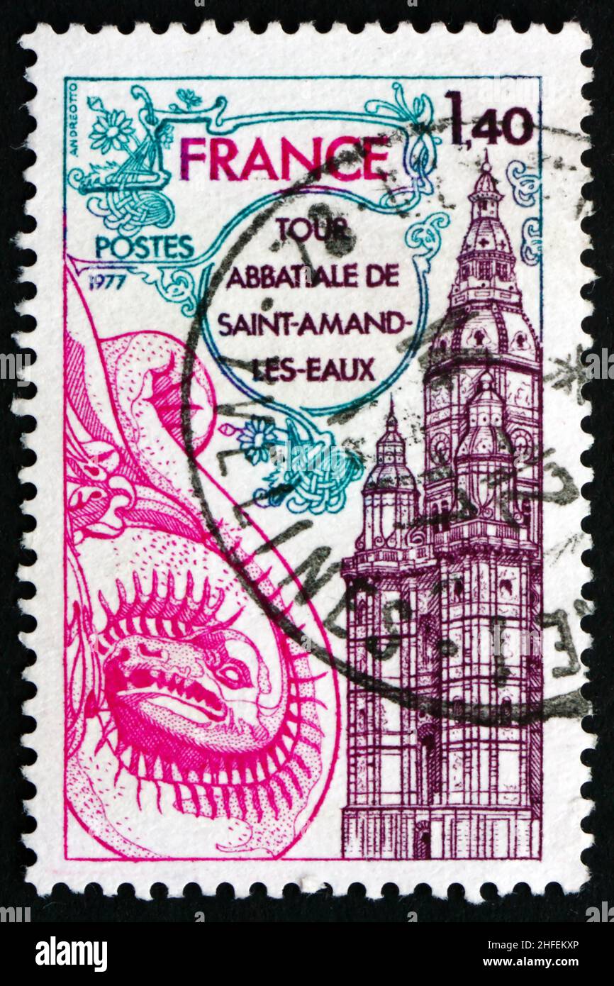 FRANCIA - CIRCA 1977: Un francobollo stampato in Francia mostra Abbey Tower, Saint-Amand-les-Eaux, Nord Dipartimento, circa 1977 Foto Stock