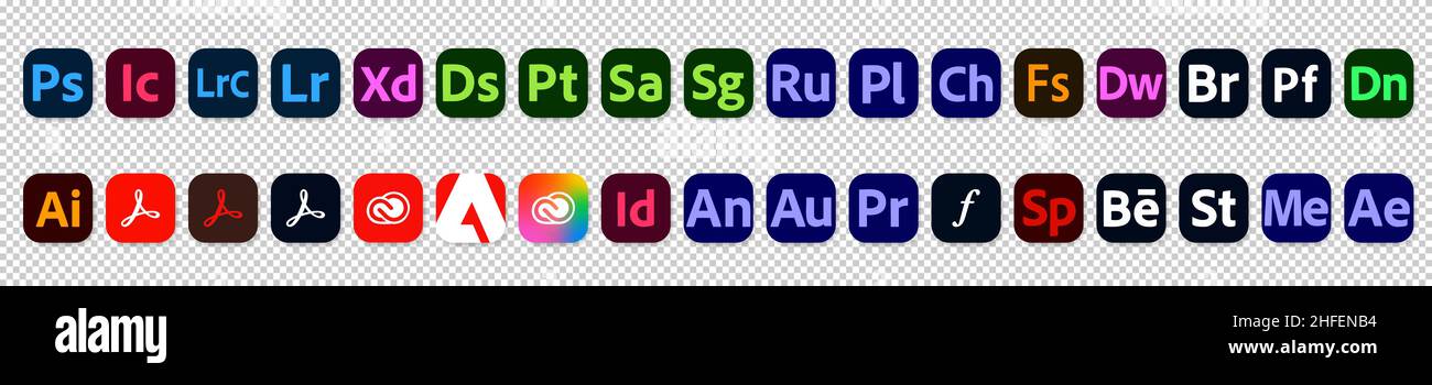 Icone dei programmi Adobe impostate. Photoshop, Illustrator, lightroom, indesign. Prodotti Adobe logo collezione illustrazione vettoriale Illustrazione Vettoriale