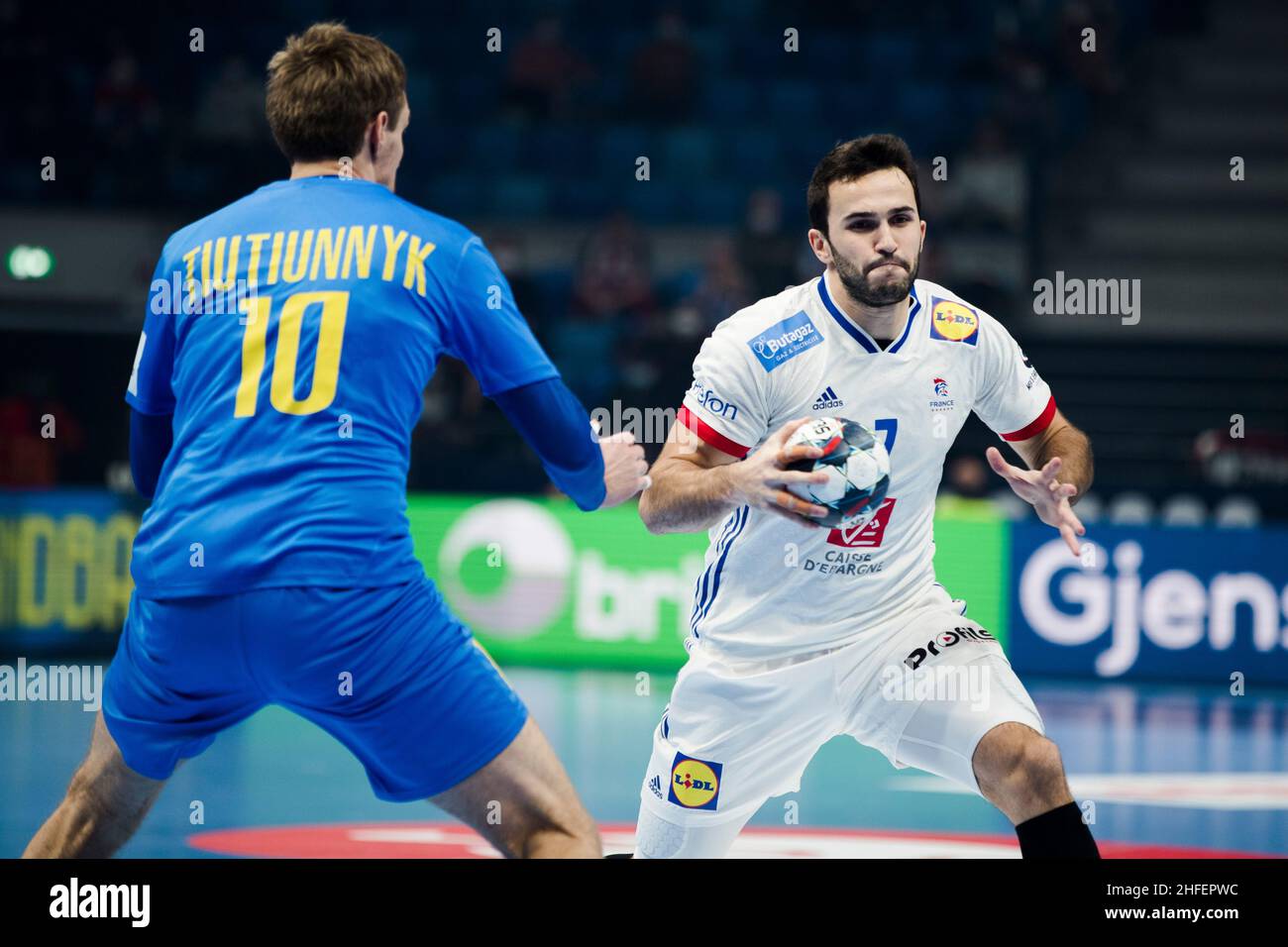 Szeged, Ungheria, 15th gennaio 2022. Romain Lagarde di Francia compete durante la partita EHF European Championship Men 2022 tra Francia e Ucraina a Szeged, Ungheria. Gennaio 15, 2022. Credit: Nikola Krstic/Alamy Foto Stock