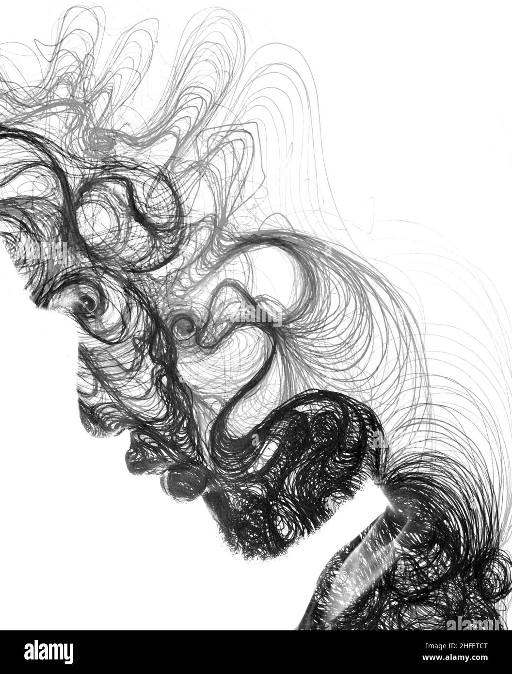 Un ritratto di un uomo combinato con la grafica digitale lineare. Pittura. Foto Stock
