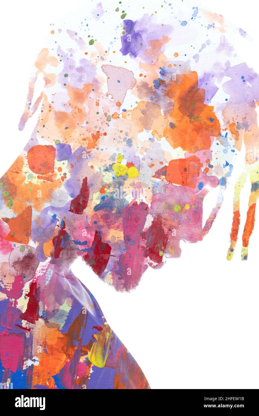 Un ritratto di un uomo combinato con coloratissimi spruzzi d'acquerello. Pittura. Foto Stock
