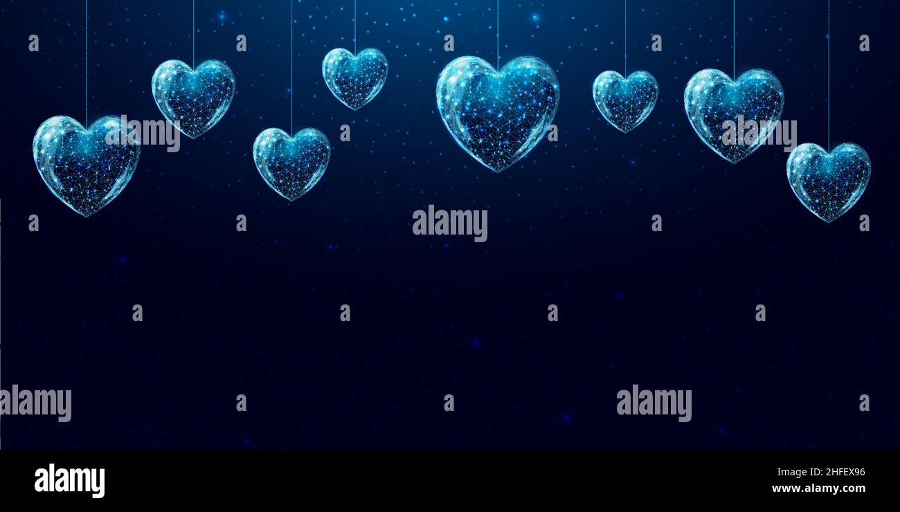 Cuori rossi appesi. San Valentino concetto di giorno con basso cuore incandescente poly. Astratto moderno futuristico. Isolato su sfondo blu scuro. Vettore il Illustrazione Vettoriale