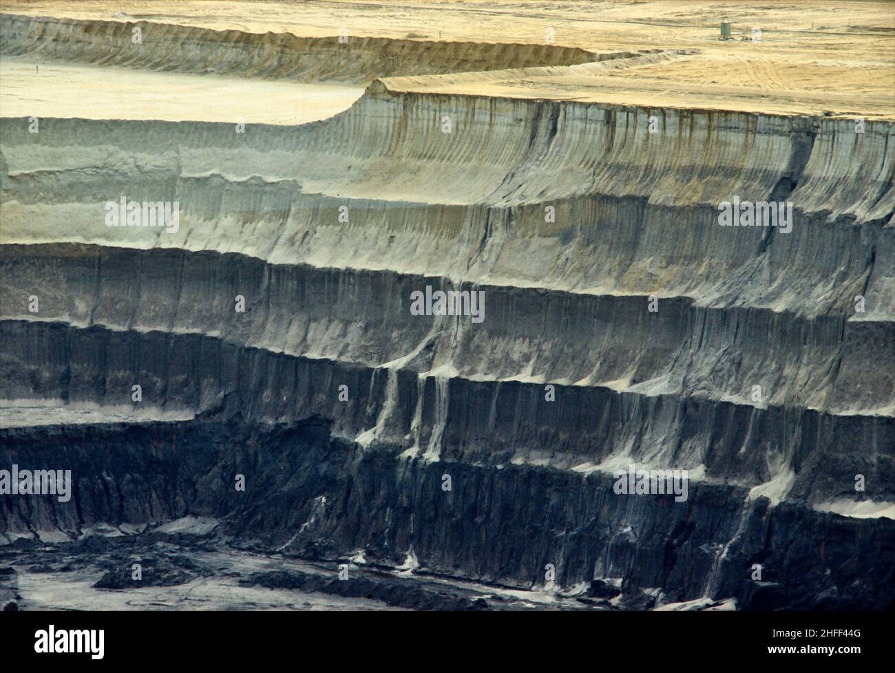 Tracce di un escavatore benna-ruota nel distretto minerario di carbone marrone Garzweiler. Foto Stock