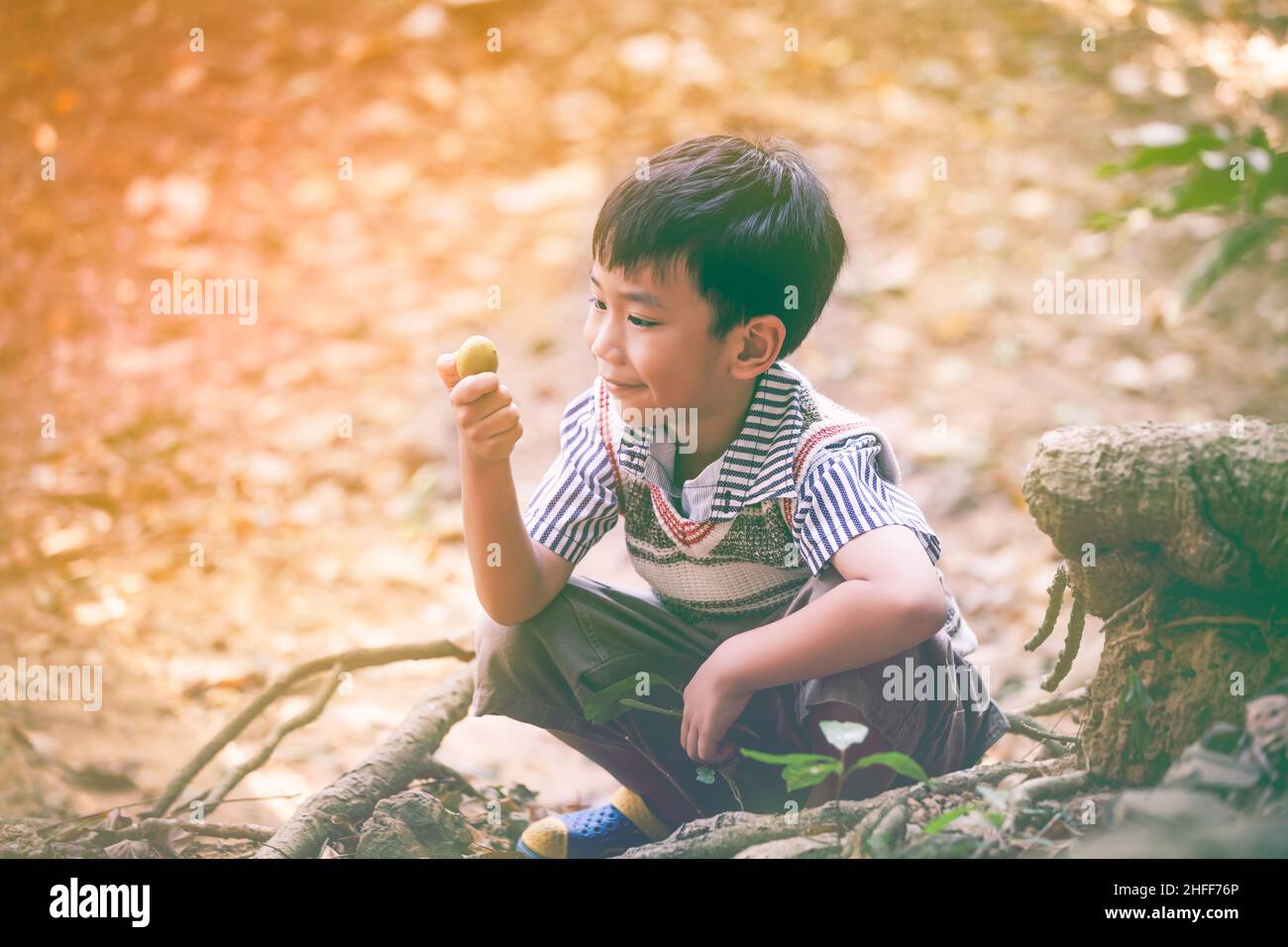 Ritratto di simpatico bambino asiatico che gioca all'aperto nel giorno d'estate con luce solare brillante su sfondo sfocato. Concetto di apprendimento e di educazione del ch Foto Stock