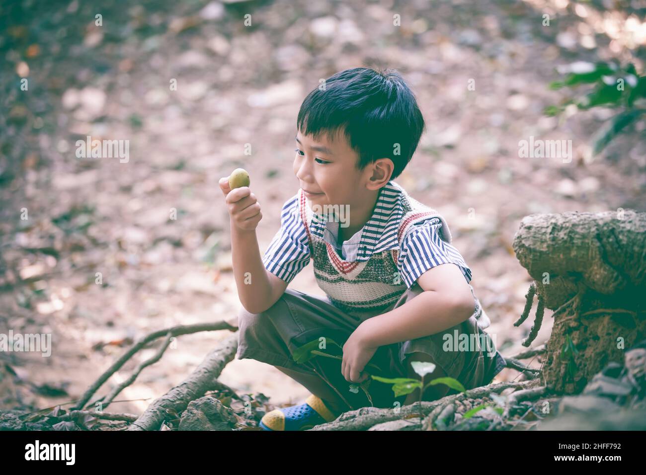Ritratto di bambino asiatico carino giocare all'aperto nel giorno d'estate in vacanza. Concetto di apprendimento e di educazione dei bambini tra la natura. Foto Stock