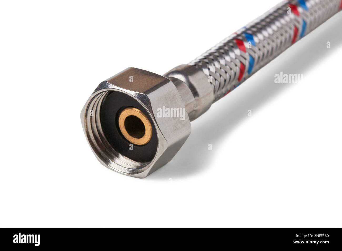 Tubo flessibile per tubazioni in primo piano isolato su bianco Foto Stock
