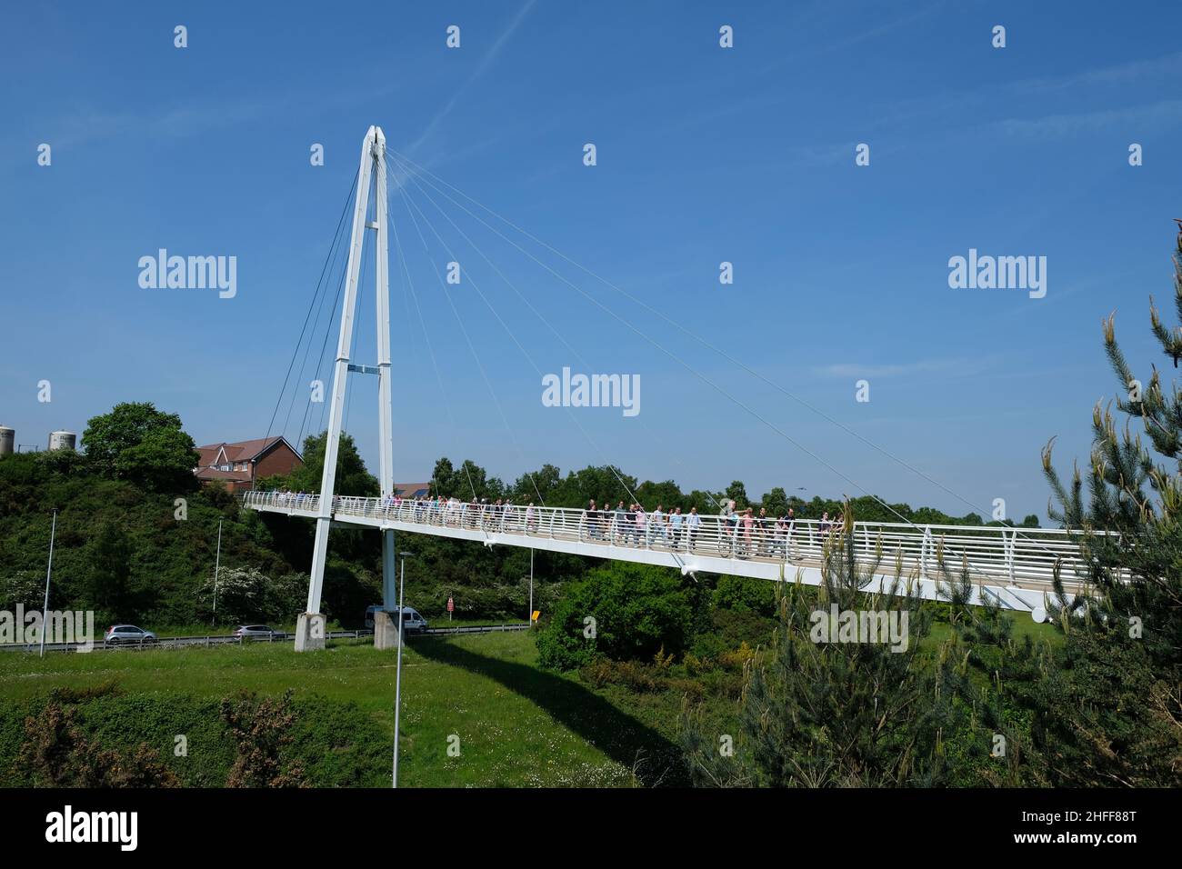 Exeter, UK - Maggio 2018: Il ponte Baker Bridge è un ponte pedonale con struttura a cavo costruito nel 2007, con una torre in acciaio con telaio A che attraversa la carreggiata A379 a 1 Foto Stock