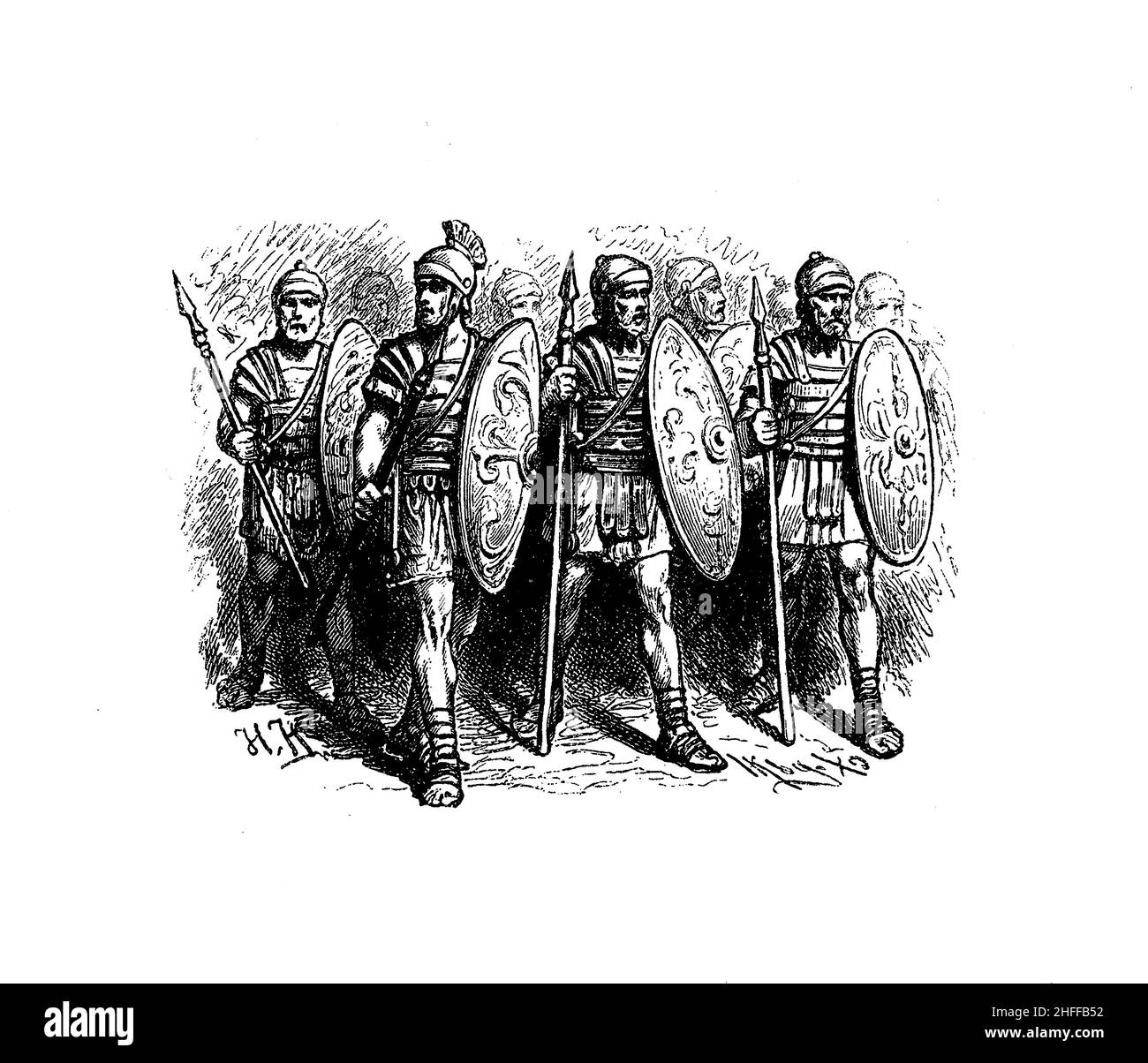 Soldati antichi della legione romana con armatura, scudo e lancia Foto Stock