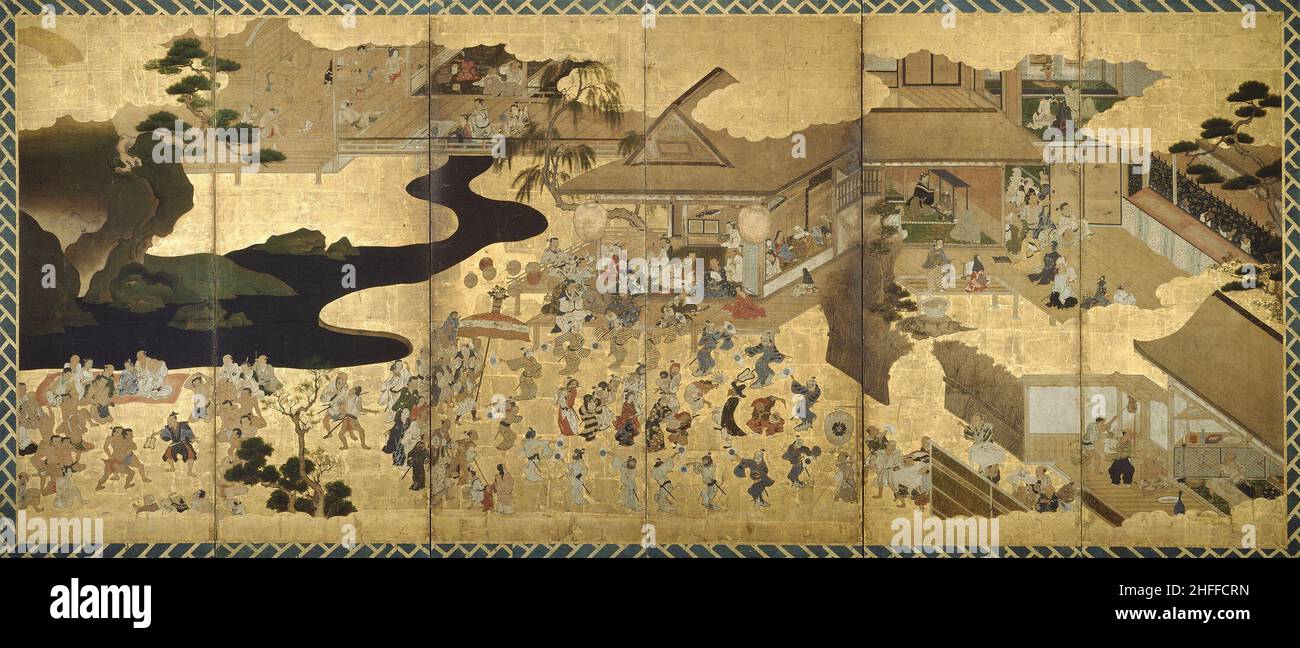 Scene di genere (Fuzoku byobu), circa 1640. Foto Stock