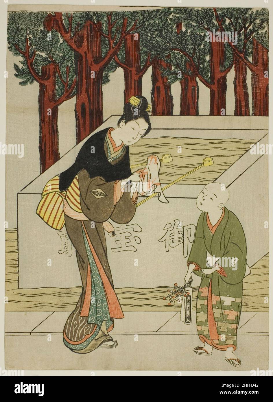 Donna lavarsi le mani prima di entrare in un Santuario, c. 1767. Attribuito a Suzuki Harunobu. Foto Stock