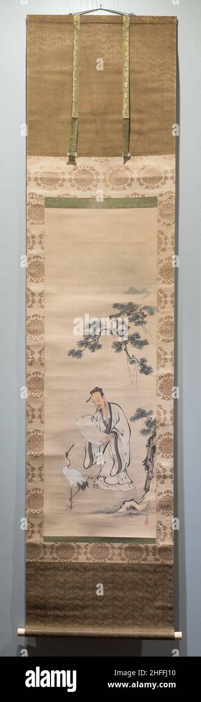Fei Jiang-fang con una gru, periodo Edo, fine 17th-inizio 18th secolo. Fei Jiang-fang era un mago leggendario che si diceva avesse avuto il potere di restringere e raccogliere montagne, ruscelli, uccelli, animali e persone, e metterli in un'urna. Foto Stock