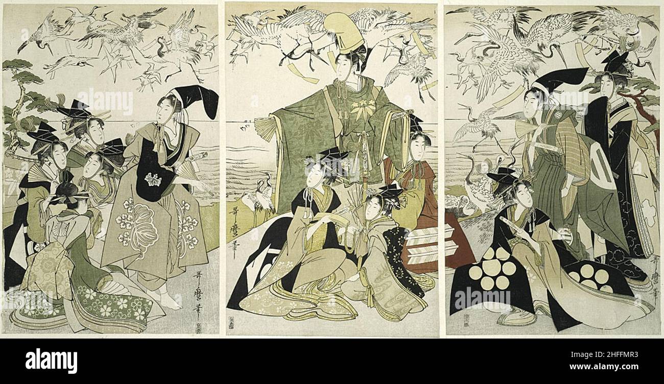 Parodia di Minamoto NO Yoritomo che rilascia gru a Yuigahama, Giappone, c.. 1805. Foto Stock