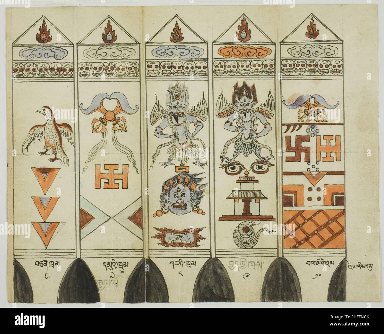 Parte di un set di dieci pezzi di Stake rituali stampati (Khram Shing), Mongolia, 19th-20th secolo. Foto Stock