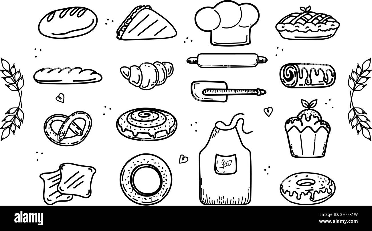 Un insieme di elementi isolati disegnati a mano. Prodotti per il pane, impasti e abiti dello chef. Spighe di grano. Icone: baguette, croissant, torta, pretzel, bun, rotolare Illustrazione Vettoriale