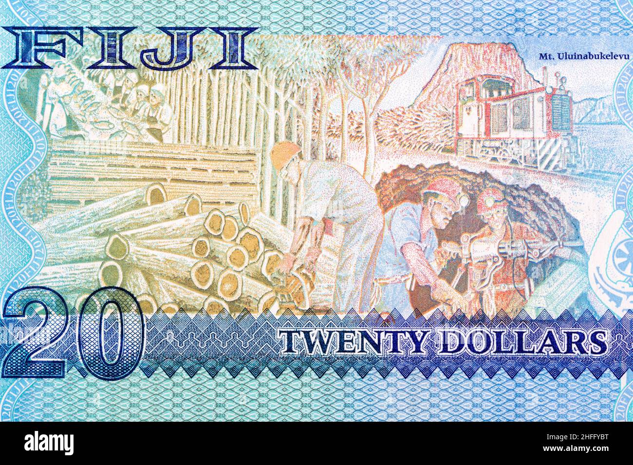 Lavorazione del pesce; taglio del legname; estrazione mineraria; treno; Monte Uluinabukelevu da denaro Fijiano - dollari Foto Stock