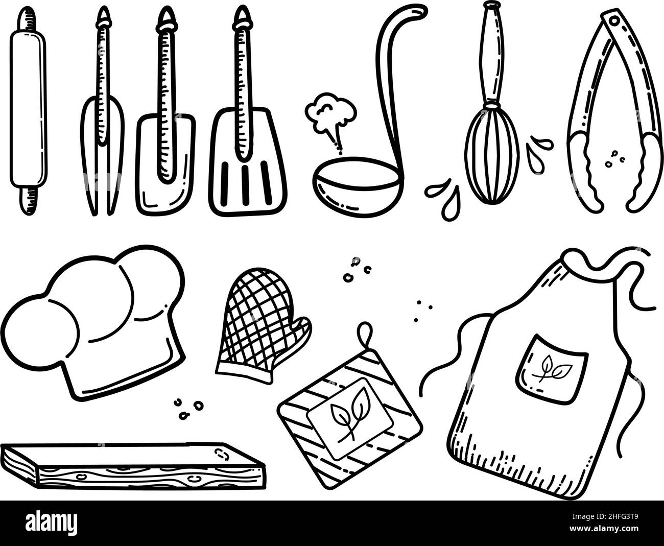 Gli attrezzi e l'abbigliamento in stile doodle dello chef disegnati a mano. Illustrazione vettoriale sotto forma di icone. Cappello dello chef, guanti da forno, tagliere e affettare e apr Illustrazione Vettoriale