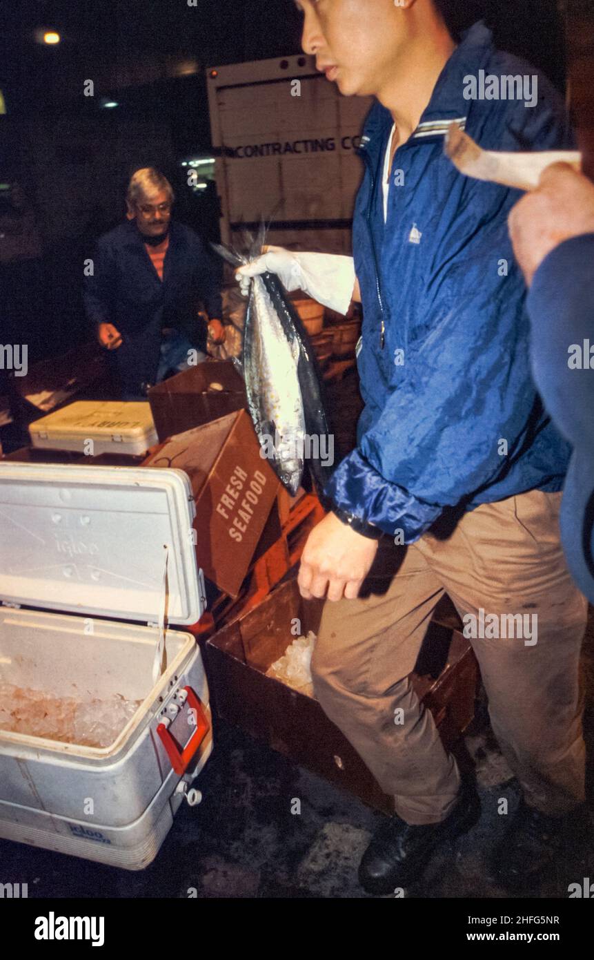 20 dicembre 1998, New York City, NY USA - il Fulton Fish Market , 3:00 al mattino uno dei primi mercati di pesce all'aperto di New York prima del suo passaggio in2005 alla sua attuale posizione in Hunts Point, Bronx, NY. Foto di Jim DeLillo/Alamy Foto Stock