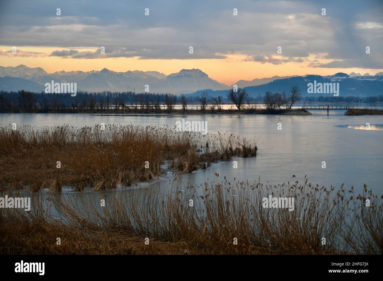 Bellissimo paesaggio invernale intorno al lago di Constanze in Austria Foto Stock