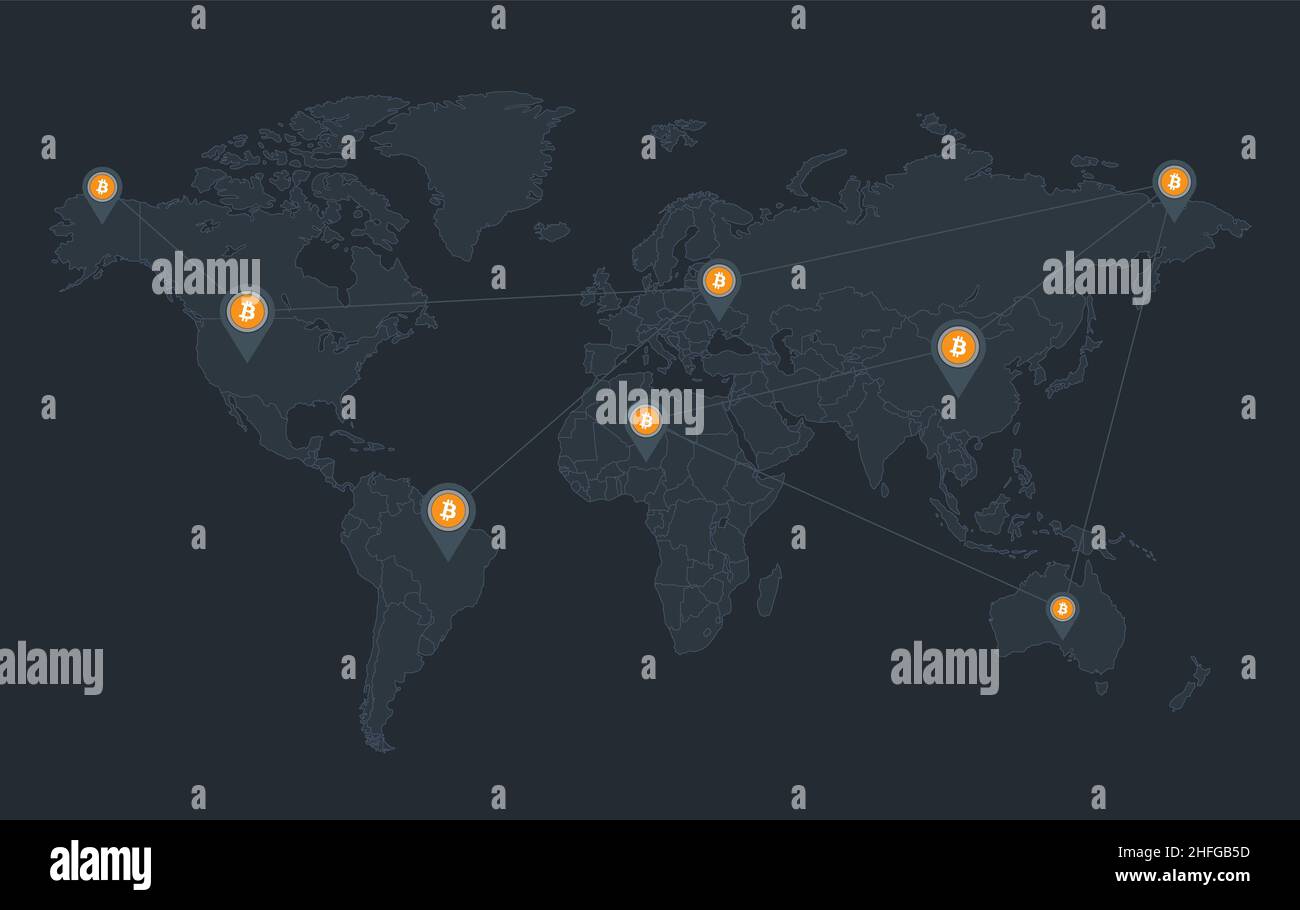 Mappa del mondo con stati separati e punto Bitcoin, vuoto Foto Stock