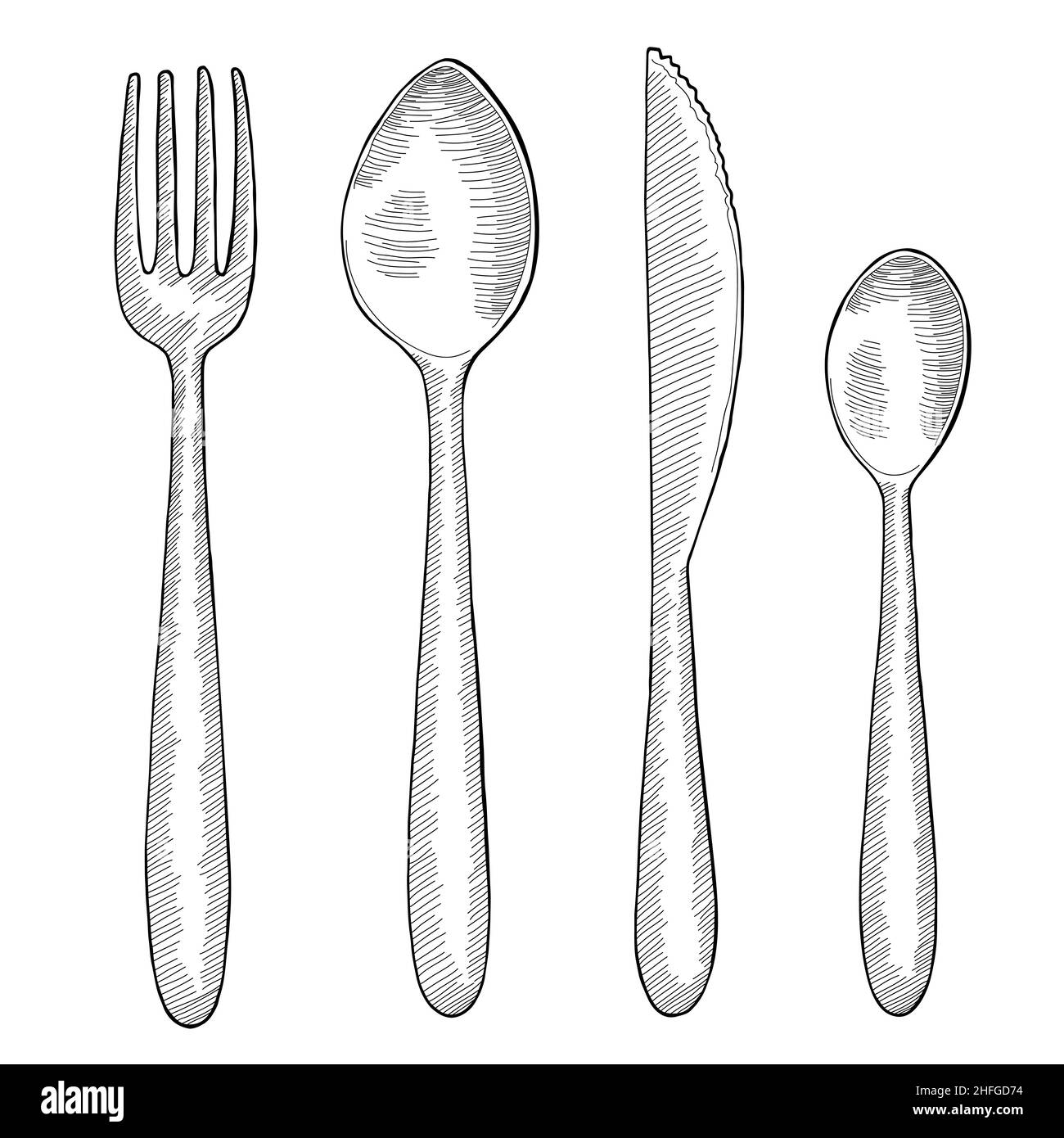 Grafico gruppo coltelli a cucchiaio per forchetta bianco nero illustrazione dello schizzo isolato vettore Illustrazione Vettoriale