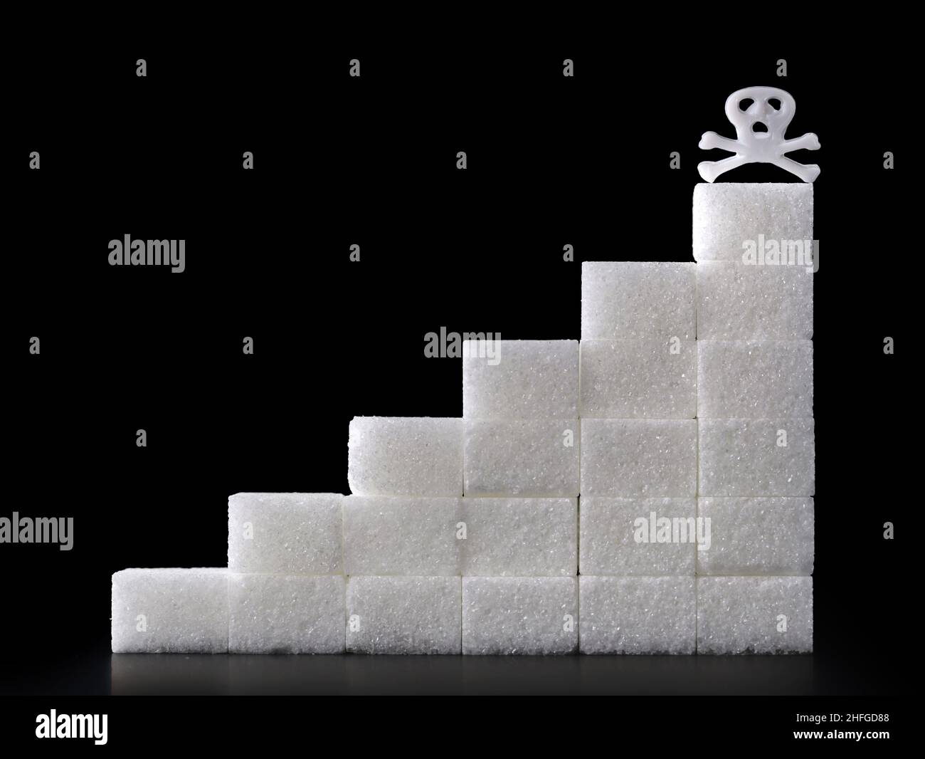 scale di zucchero cubo con cranio di morte su sfondo nero, il consumo eccessivo di zucchero può essere mortale, immagine di concetto Foto Stock