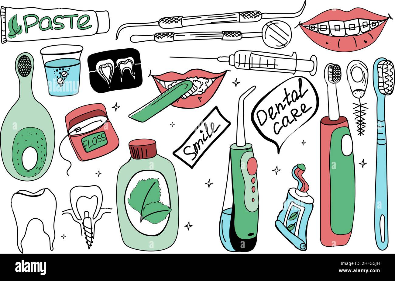Kit per la cura dei denti. Vettore stile Doodle. Spazzolini da denti, spazzole, filo interdentale e pastiglie per la pulizia dei denti. Irrigatore per denti. Sorridi con bretelle e labbra Illustrazione Vettoriale
