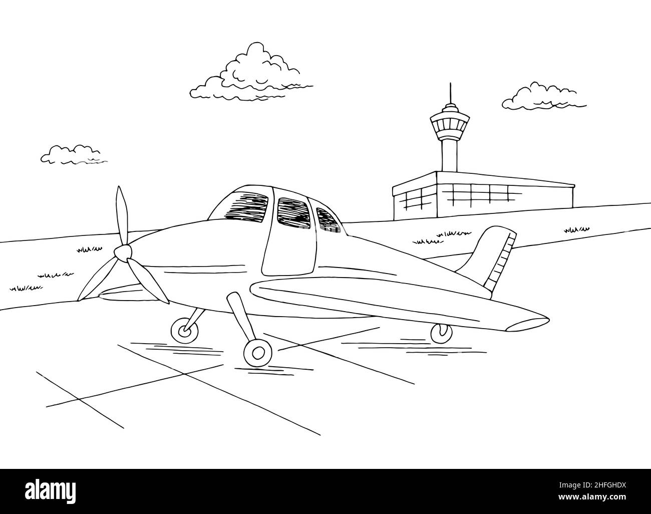 L'aereo esterno dell'aeroporto prende il via dall'illustrazione grafica dello schizzo in bianco nero vettore Illustrazione Vettoriale