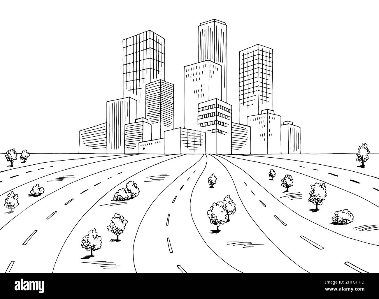Molte strade per la città grafica bianco nero paesaggio schizzo vettore illustrazione Illustrazione Vettoriale