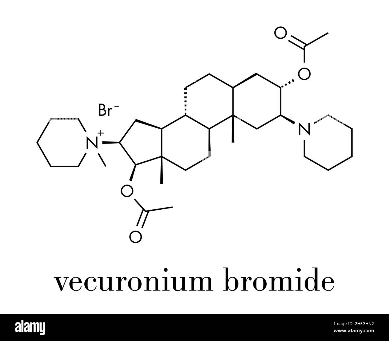 Vecuronio bromuro farmaco rilassante muscolare (agente paralizzante). Usato in anestesia ma anche in cocktail letali a iniezione. Formula scheletrica. Illustrazione Vettoriale