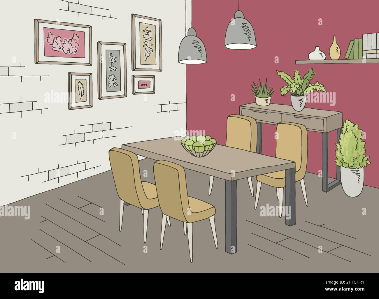 Sala da pranzo home interni grafico colore illustrazione vettore schizzo Illustrazione Vettoriale