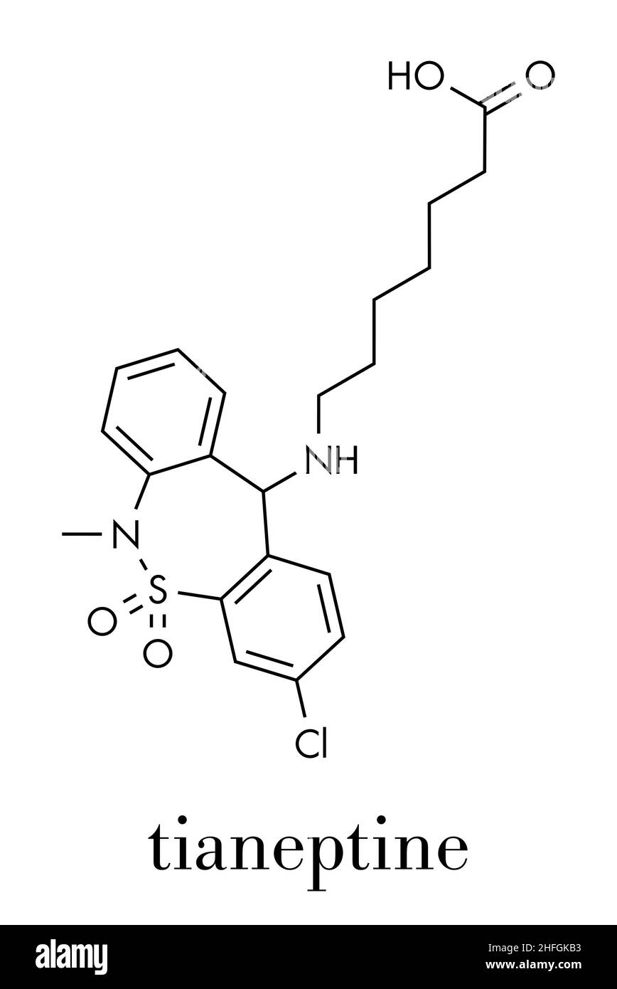 Tianeptine farmaco antidepressivo molecola. Formula di scheletro. Illustrazione Vettoriale