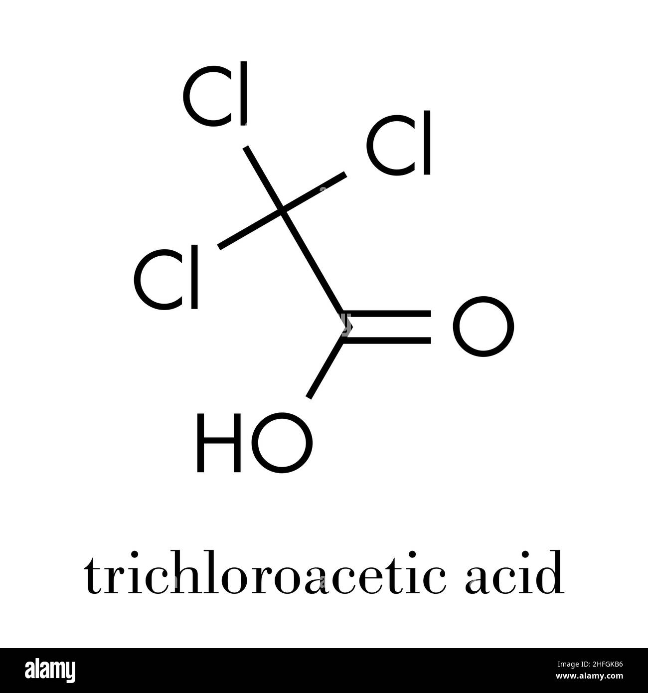 Acido tricloroacetico (TCA) molecola. Usato nel trattamento dermatologico di verruche e le relative condizioni di pelle. Formula di scheletro. Illustrazione Vettoriale