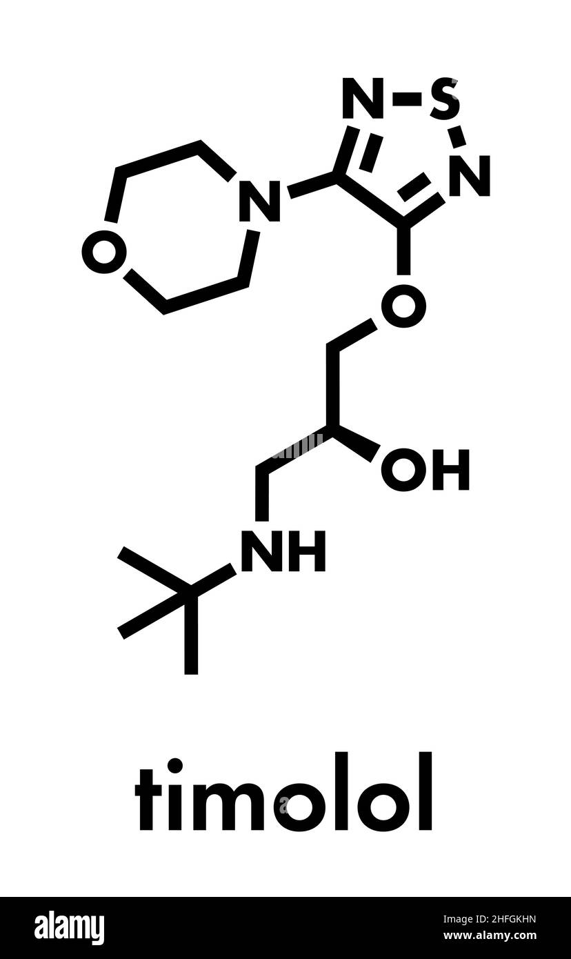 Molecola di farmaco antagonista del recettore beta-adrenergico timololo. Usato nel trattamento del glaucoma, emicrania, ipertensione, ecc. formula scheletrica. Illustrazione Vettoriale