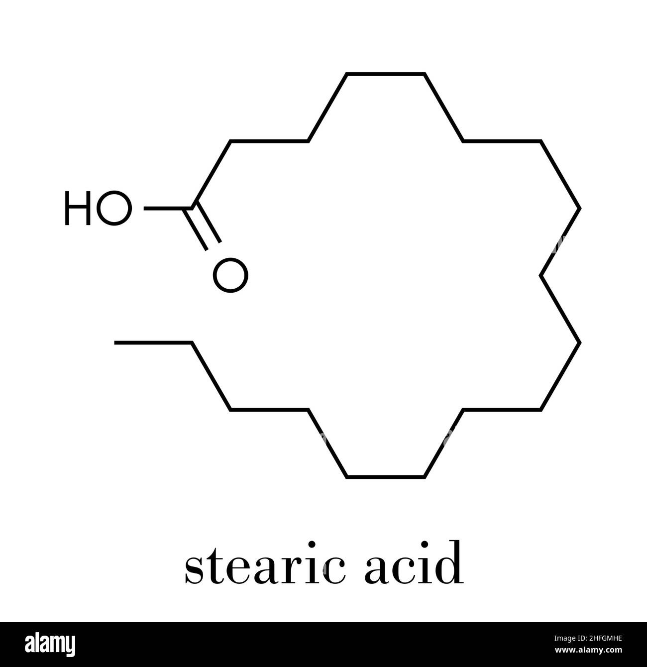 Acido stearico acido grasso saturo molecola. Noto anche come acido ottadecanoico; esteri e sali sono noti come stearati. Formula di scheletro. Illustrazione Vettoriale