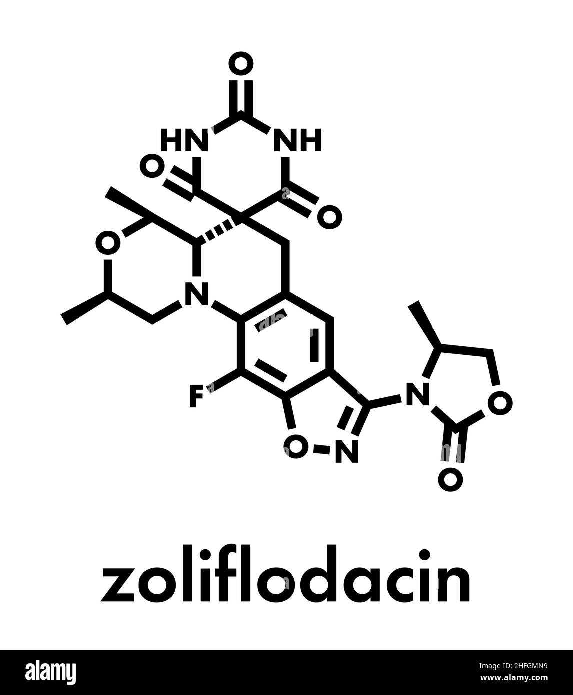 Antibiotico Zoliflodacin molecola di farmaco. Formula di scheletro. Illustrazione Vettoriale