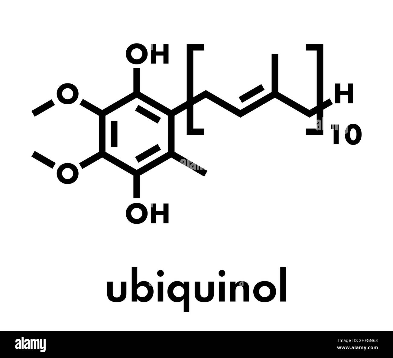 Ubichinolo molecola. Forma ridotta del coenzima Q10. Formula di scheletro. Illustrazione Vettoriale Ubichinolo molecola. Forma ridotta del coenzima Q10. Formula di scheletro. Illustrazione Vettoriale