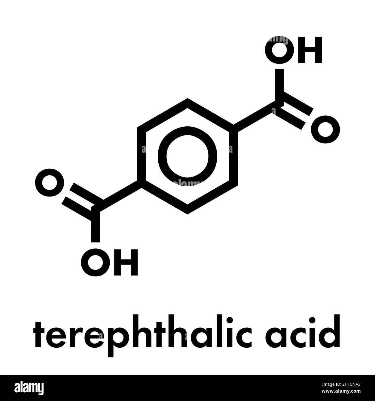 Blocco di costruzione in plastica di acido tereftalico, poliestere (PET, polietilene tereftalato). Formula scheletrica. Illustrazione Vettoriale